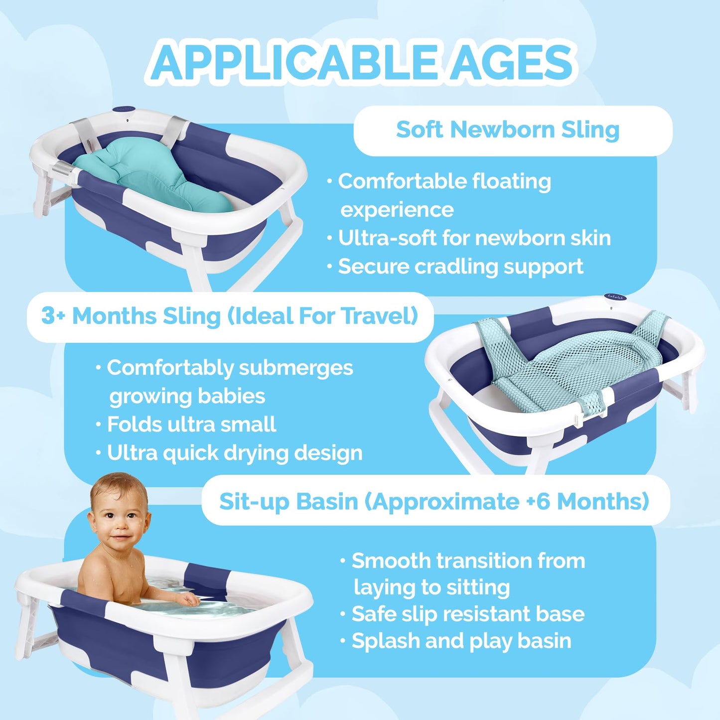 Bebeleh Collapsible Baby Bathtub With Thermometer - Bathtub + Baby Tub Sling + Newborn Sling - Baby Bathtub Newborn To Toddler 0