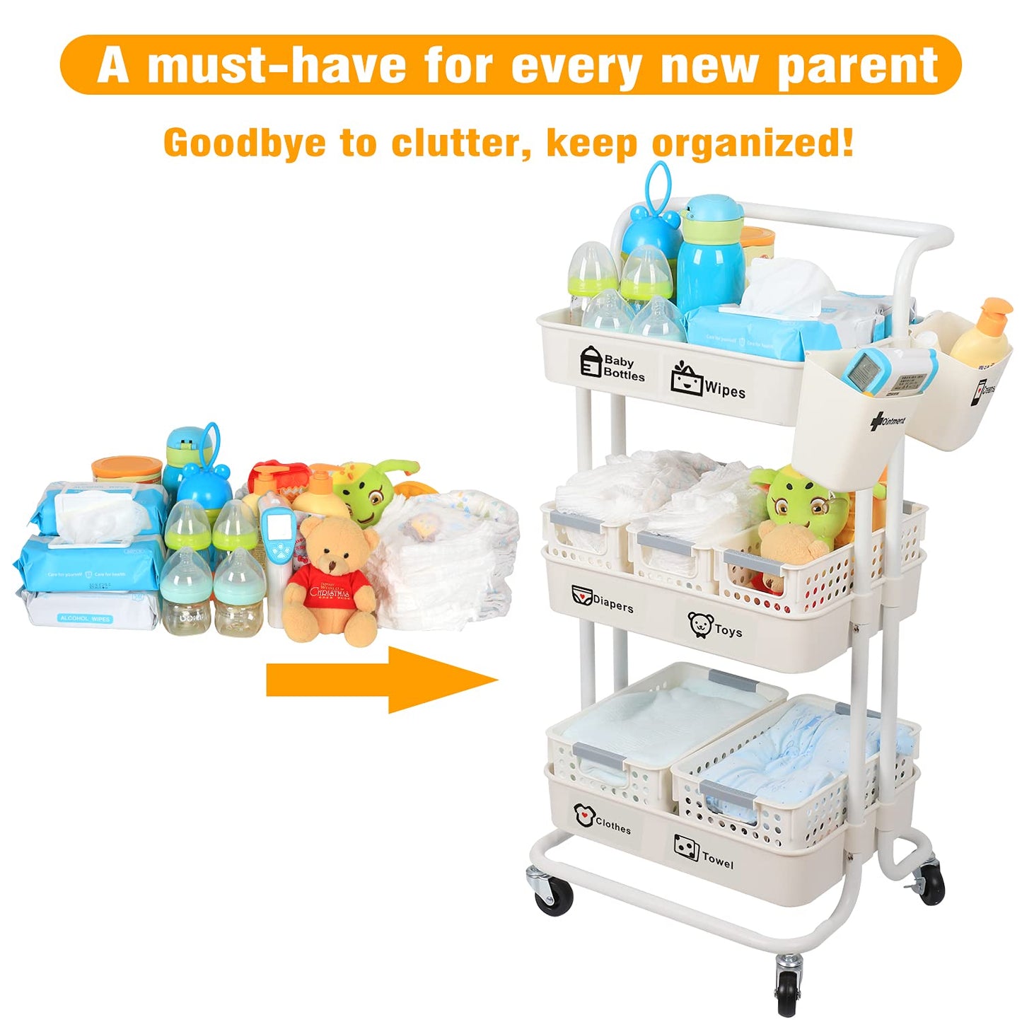 Jolead Baby Nappy Caddy Organiser Cart Movable, 3-Tier Sturdy Newborn Diaper Nursery Essentials Storage Basket For Changing Tabl