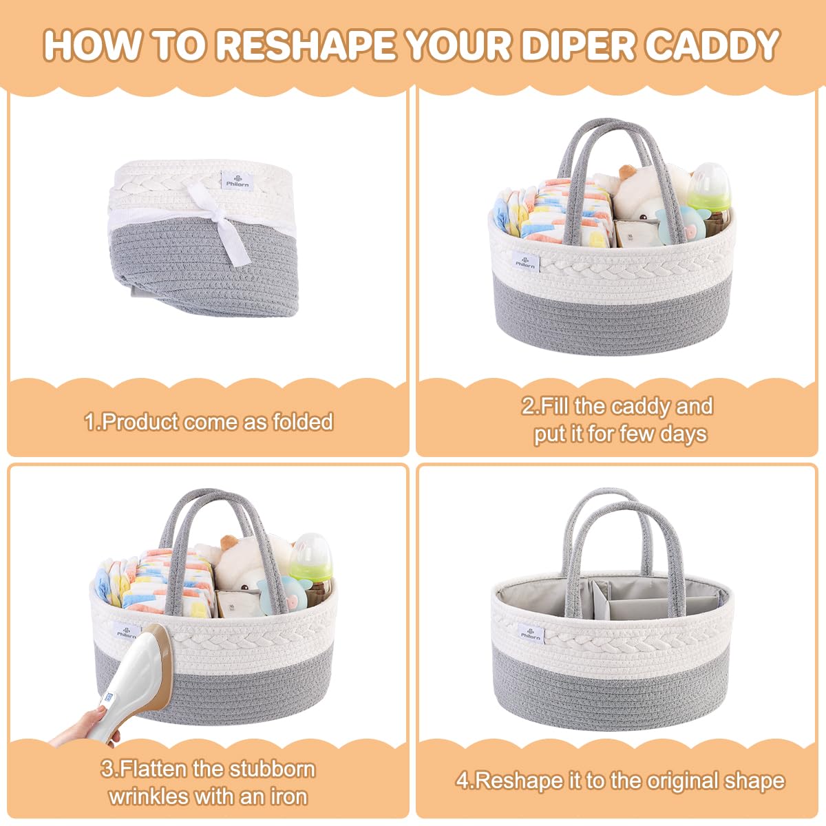 Philorn Diaper Caddy Organizer, Cotton Rope Diaper Caddy Basket, Woven Diaper Caddy With Dividers, Nursery Storage Basket For Ch