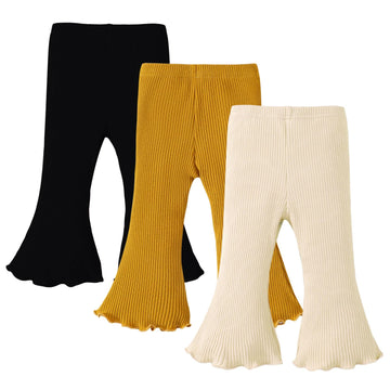 Sobowo Toddler Baby Girl Flare Pants 3 Pack Solid Ribbed Ruffle Bell Bottoms Pants Fall Outfits(Black/Yellow/Beige, 2-3T)