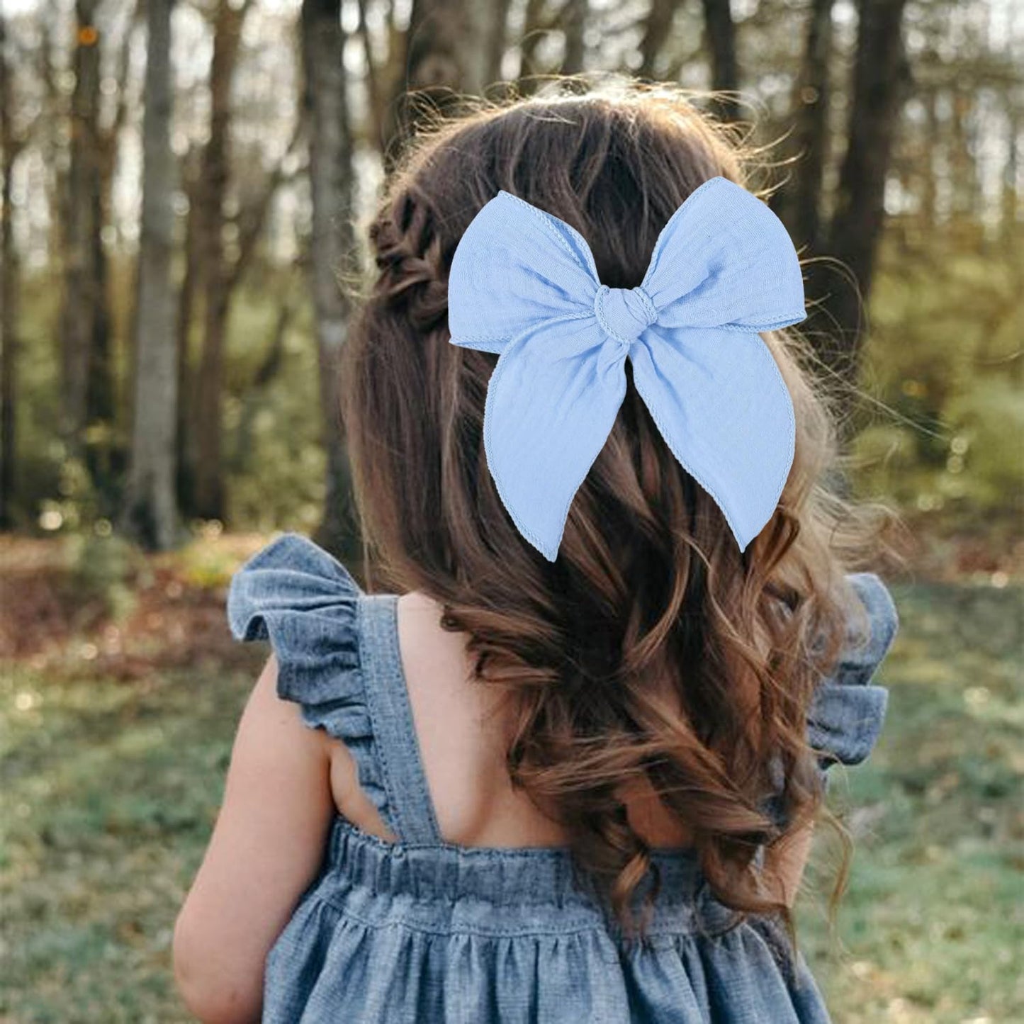 5.5 Inch Sky Blue Fable Hair Bow: Handmade Linen Cotton Hair Clip For Girls - 1 Pcs