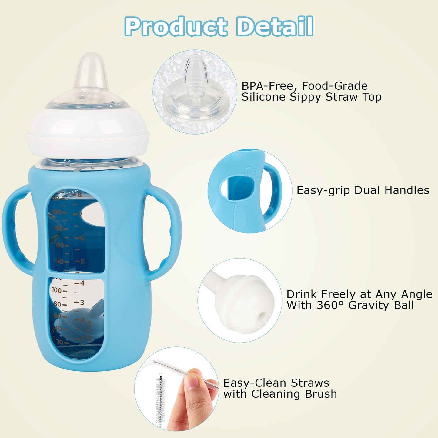 joyfeed Sippy Cup Conversion Kit with Handle & Anti-Breakage Silicone Sleeve - Compatible with Avent Natural Glass Baby Bottle 8
