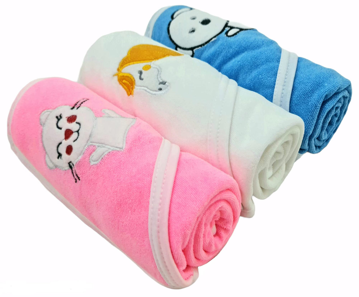 First Kick Baby Bath Cotton Towels New Born Combo Pack Of Hooded Soft Wrapping Towel Pack Of 2(70 Cm X 66 Cm) Set Of 3 Pieces, P