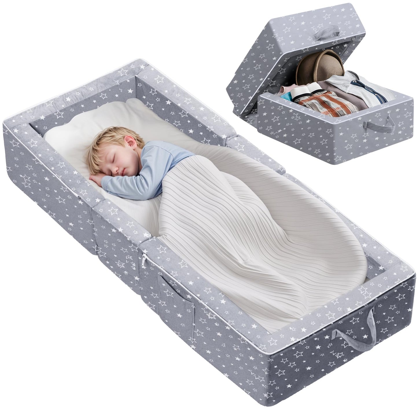 Reawul Portable Folding Toddler Travel Bed,Kids Floor Bed, Washable Cover For Toddlers And Child,Grey
