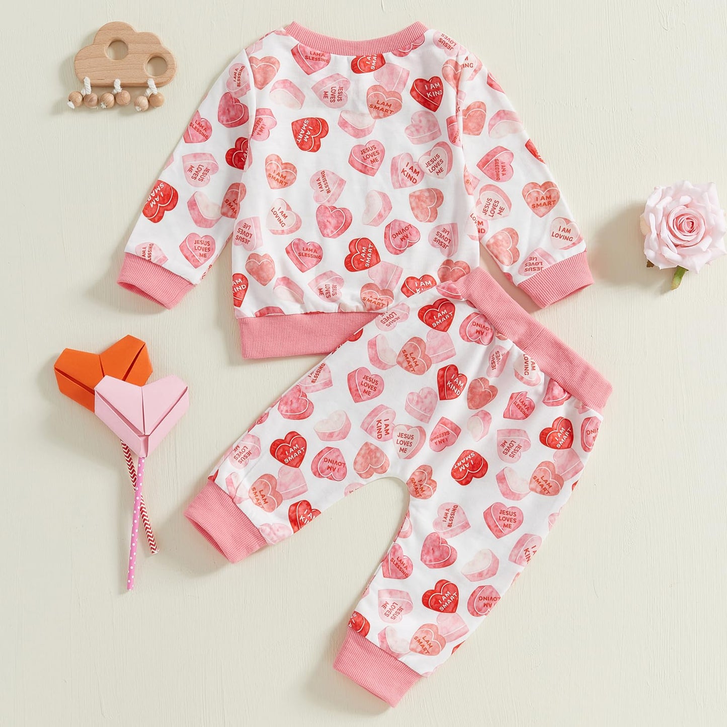 Coorally Toddlers Two-Piece Valentine'S Day Outfits Baby Boy Girl Long-Sleeve Crewneck Printed Sweatshirt And Pants Sets (Pink H