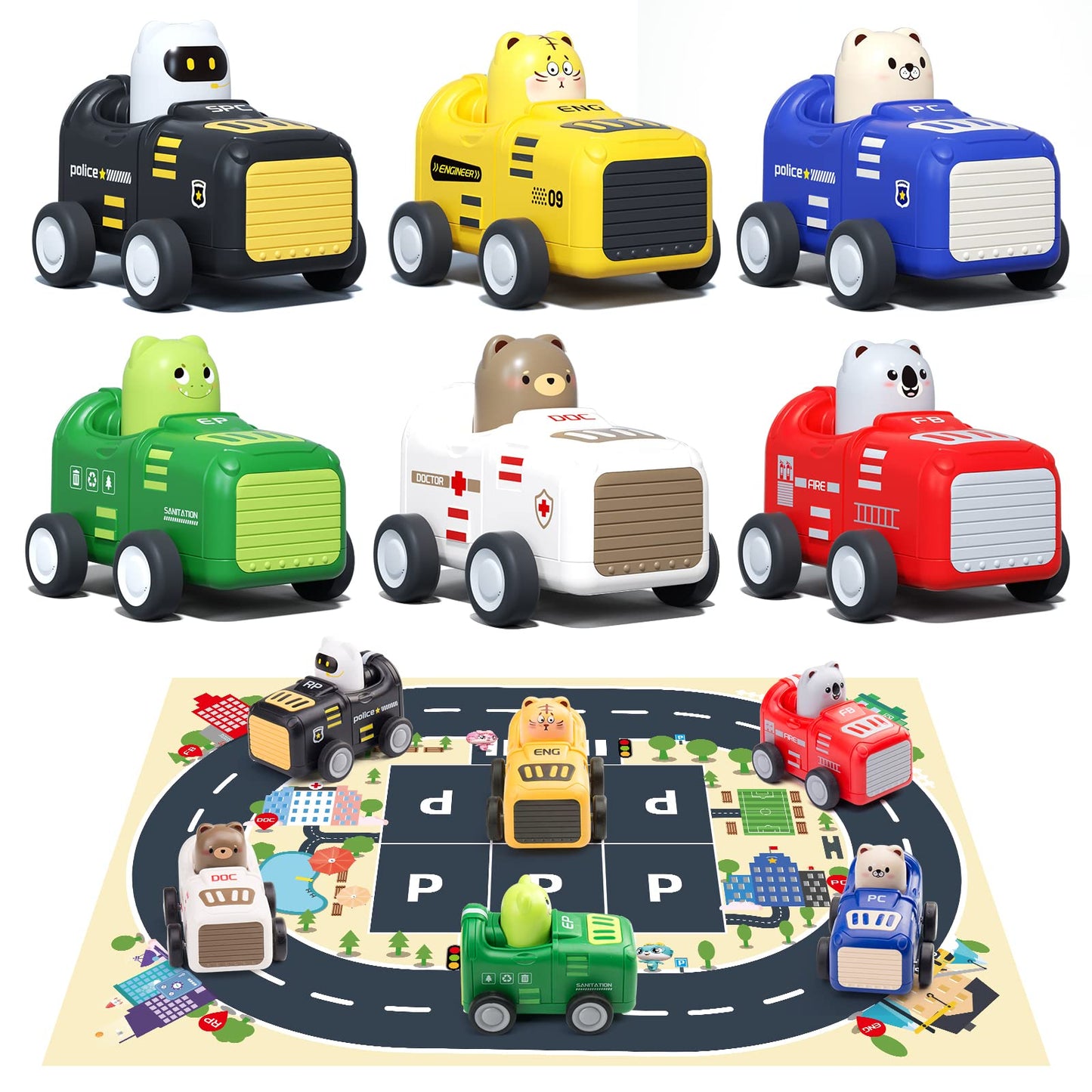 Zero Zoo Baby Toy Cars for 1 2 3+ Year Old Toddler, City Guard Series Press and Go, Pull Back Vehicle with Soft Plush Car Mat, E