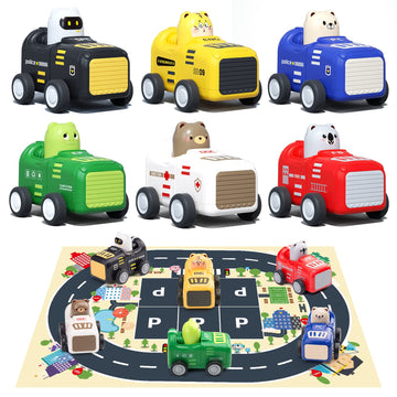 Zero Zoo Baby Toy Cars for 1 2 3+ Year Old Toddler, City Guard Series Press and Go, Pull Back Vehicle with Soft Plush Car Mat, E