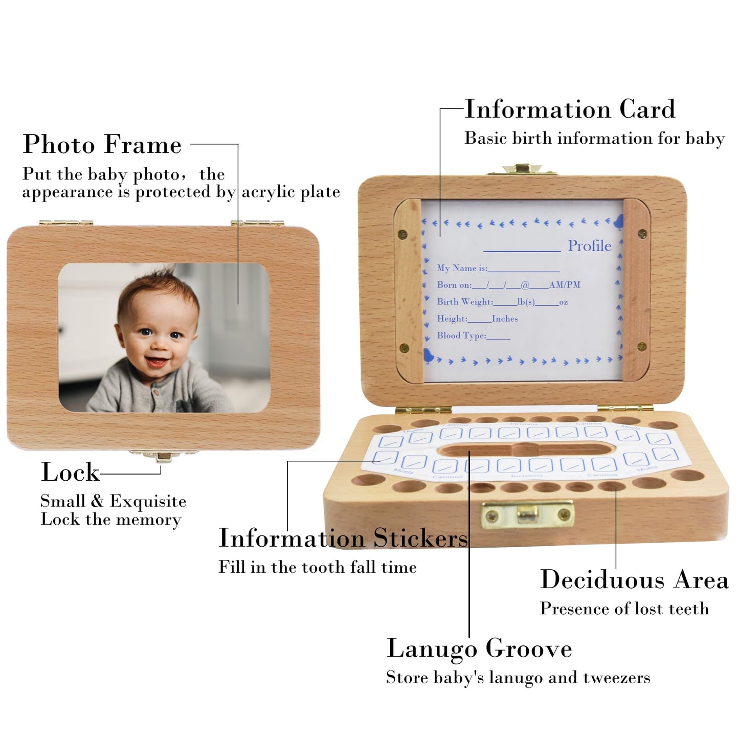 Molfuj Baby Tooth Fairy Keepsake Box, Newborn Personalized Wooden Storage Album For Lost Tooth, Children Memory Boxes To Save Fi