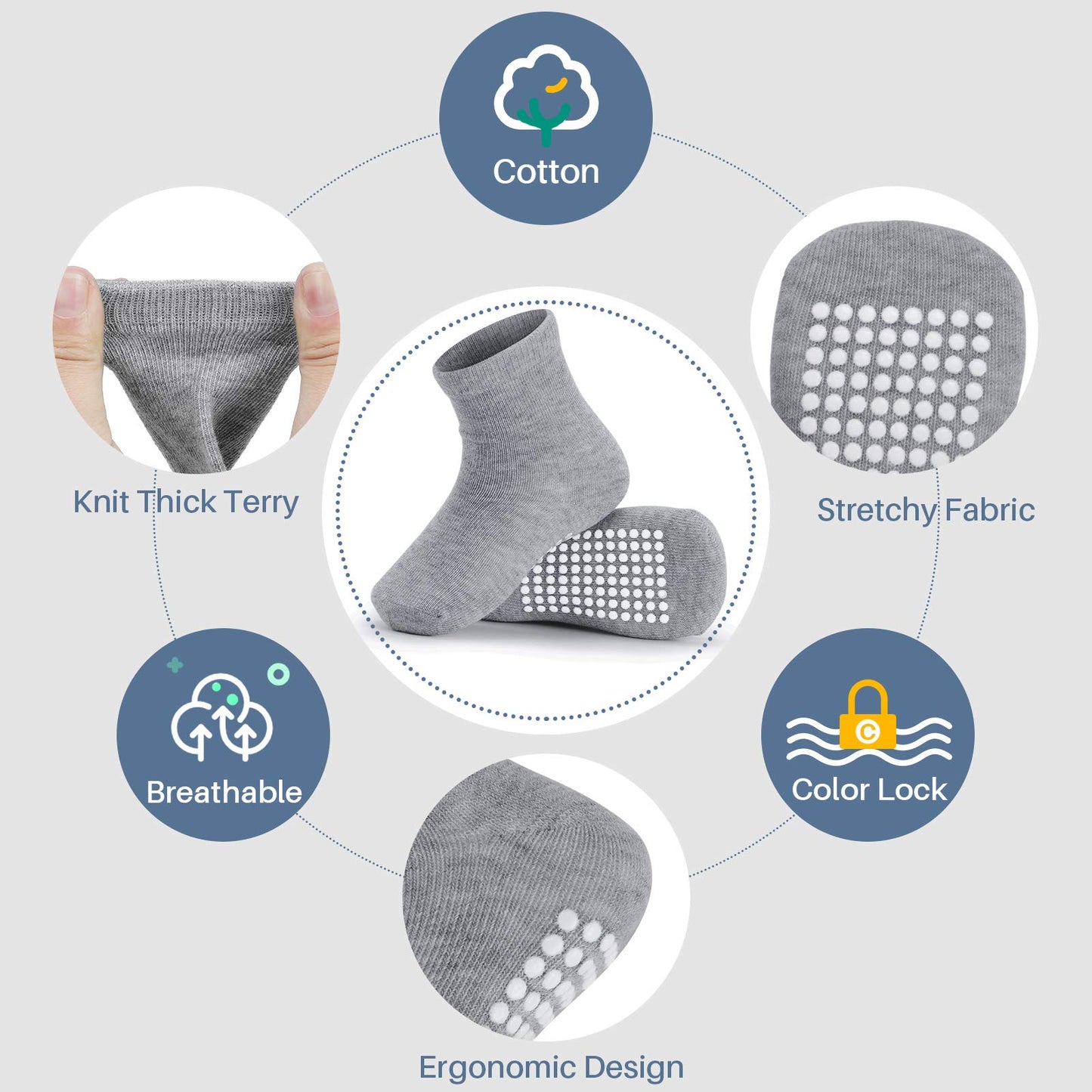 Jakidar 12 Pairs Baby Socks Cotton Crew Toddler Socks Grips Non Slip Bottom Kids Socks, Gray 6-12M
