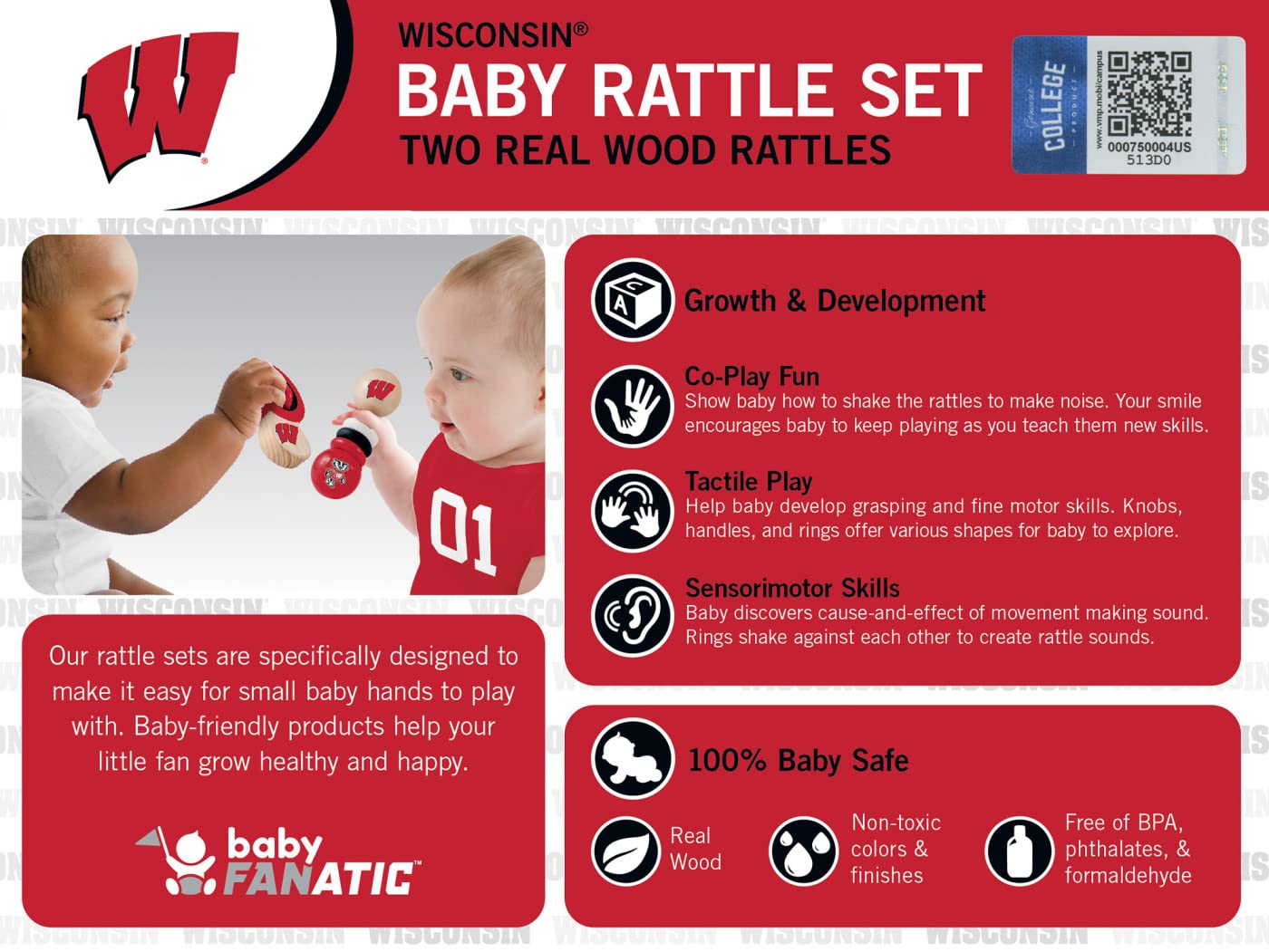 BabyFanatic Wood Rattle 2 Pack - NCAA Wisconsin Badgers - Officially Licensed Baby Toy Set