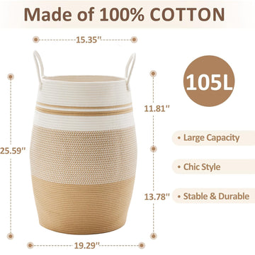 105L Extra Large Woven Laundry Hamper Basket With Heavy Duty Cotton Rope Handles For Clothes And Toys In Bedroom, Nursery Room,