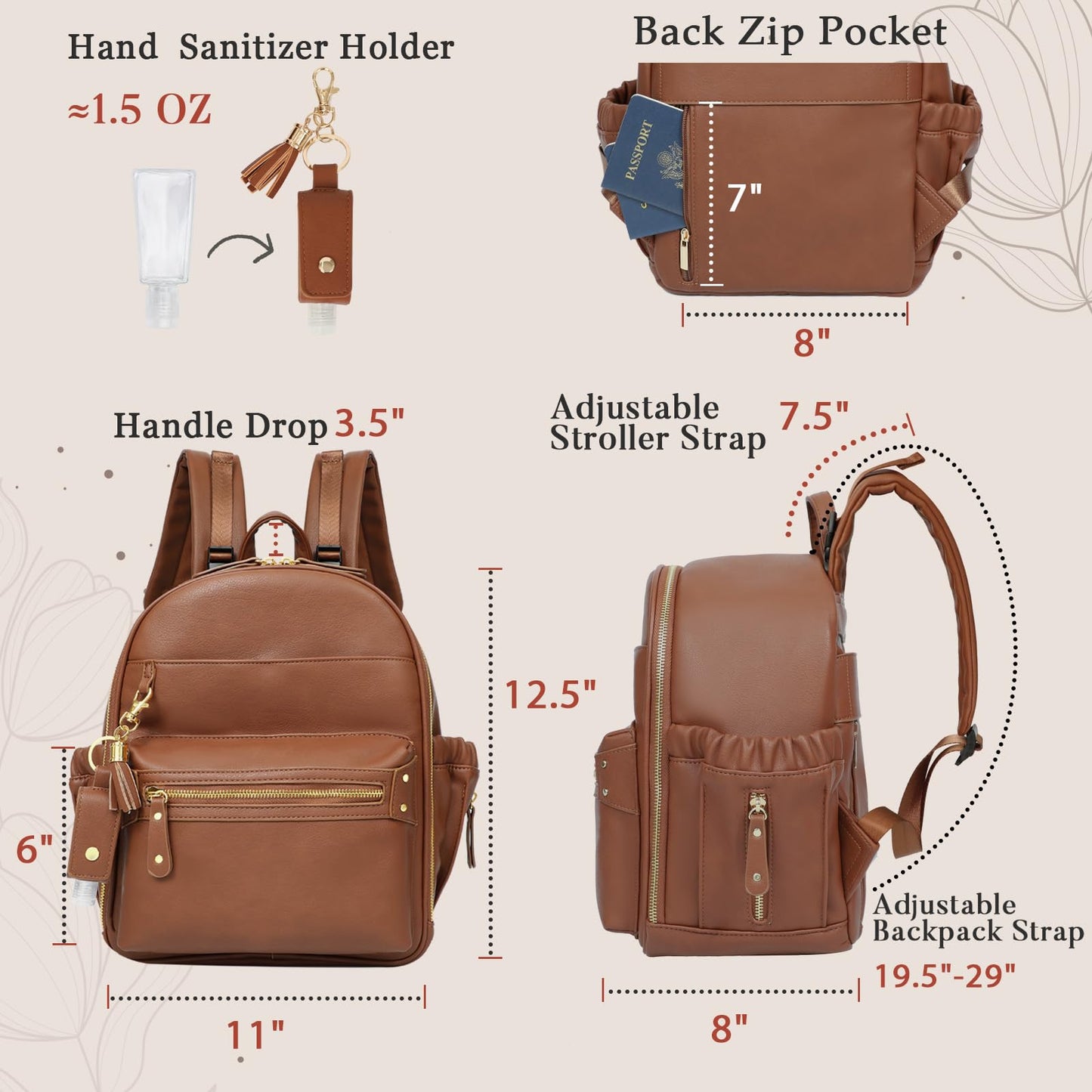 Miss Fong Small Diaper Bag Mini Diaper Bag Backpack, Leather Diaper Bag, Baby Diaper Bag, 11 Pockets Diaper Bag Organizer With H