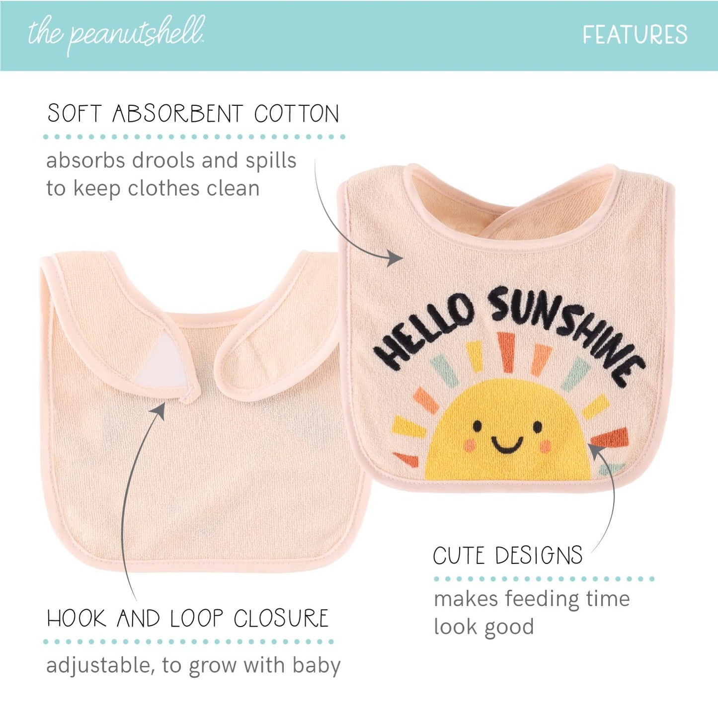 The Peanutshell Terry Baby Bib Set For Boys Or Girls | Unisex 10 Pack Feeding, Teething, Drooling Hello Sunshine