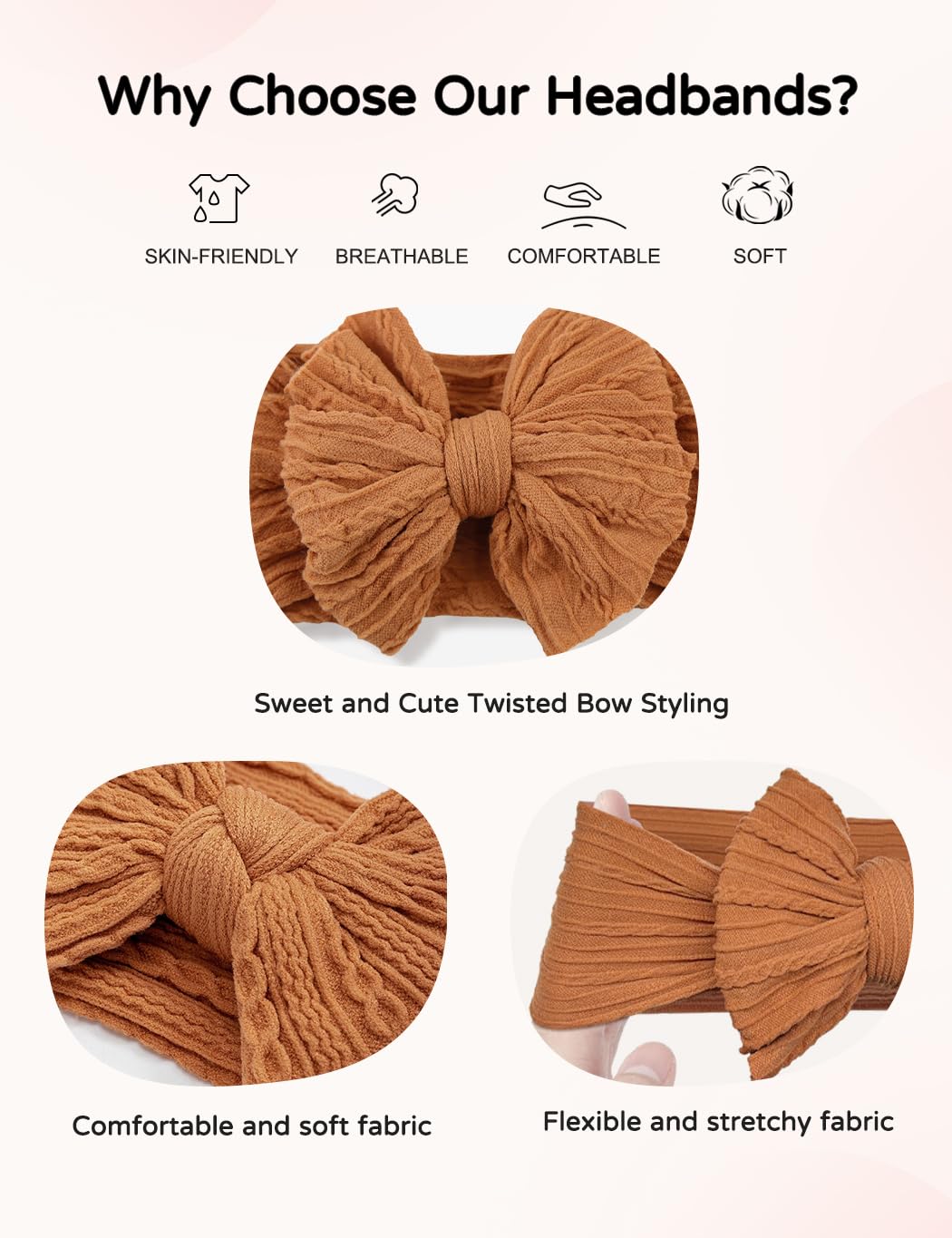 Zurlefy Rust Baby Headbands With Bows, Cute Headband Bow For Baby Girls Infant Head Wraps Newborn Toddler Bonnet Unisex Gifts(03