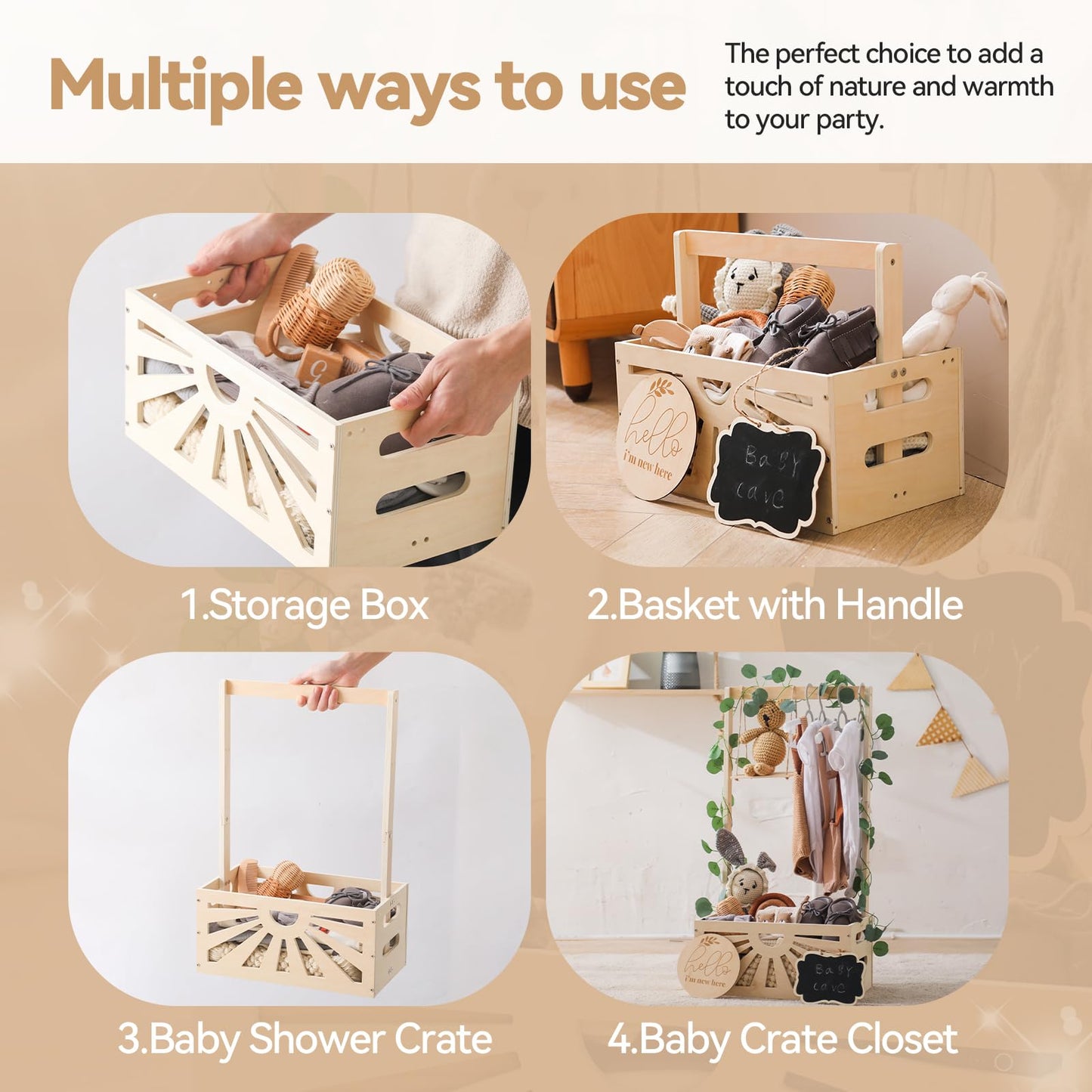 Wooden Baby Shower Crate Closet, Baby Basket With Adjustable Handle And Garland, Storage Crate Hamper, Baby Shower Wooden Gift C