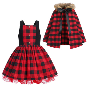 Ibtom Castle Kids Toddler Girls, Sleeveless Plaid Christmas Dresses With Velvet Cape Santa Claus Role Play Child Xmas Robe Red D