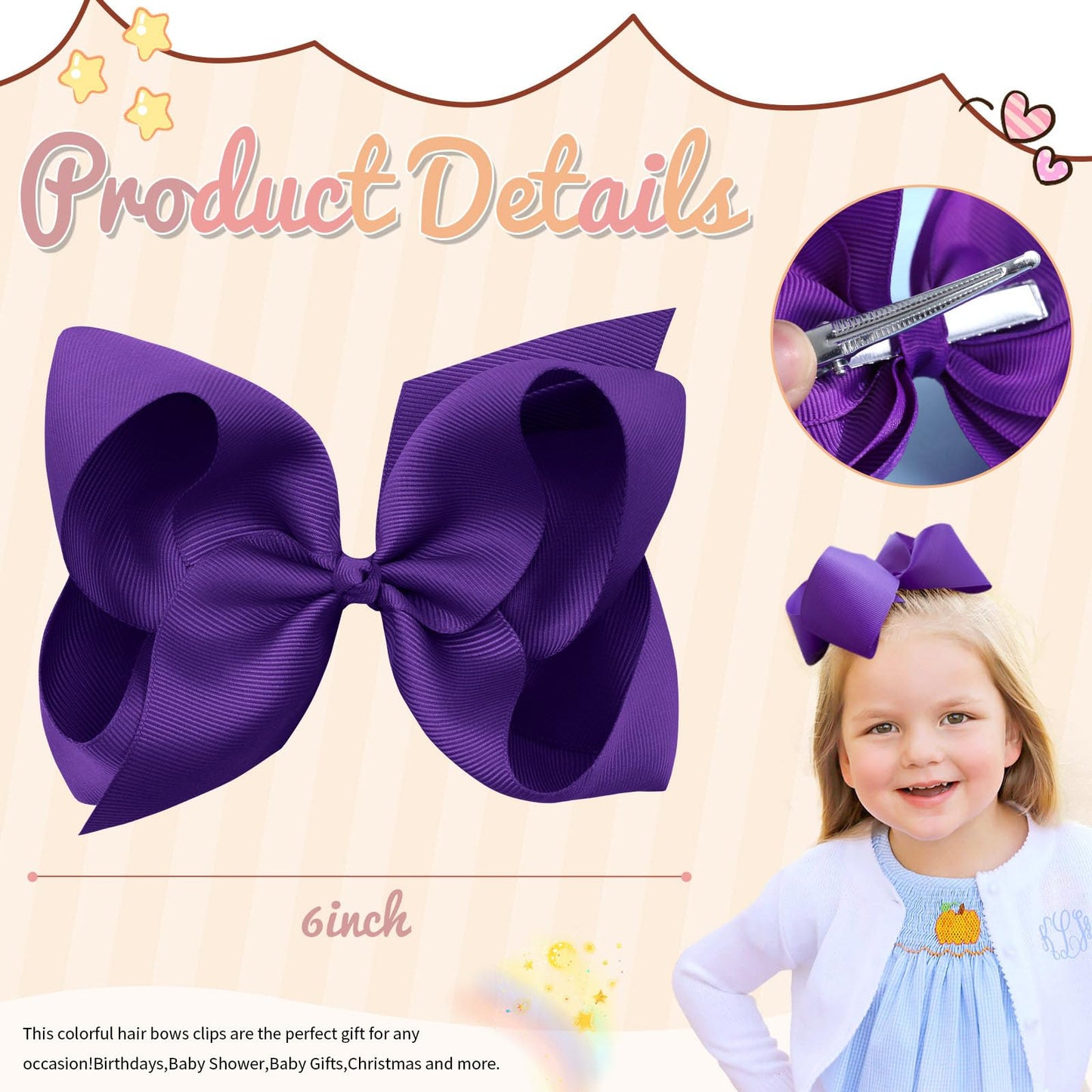 Oaoleer Big Hair Bows For Girls 12 Pcs 6 ' Purple Grosgrain Ribbon Large Boutique Bow Alligator Clips Hair Accessories For Todd