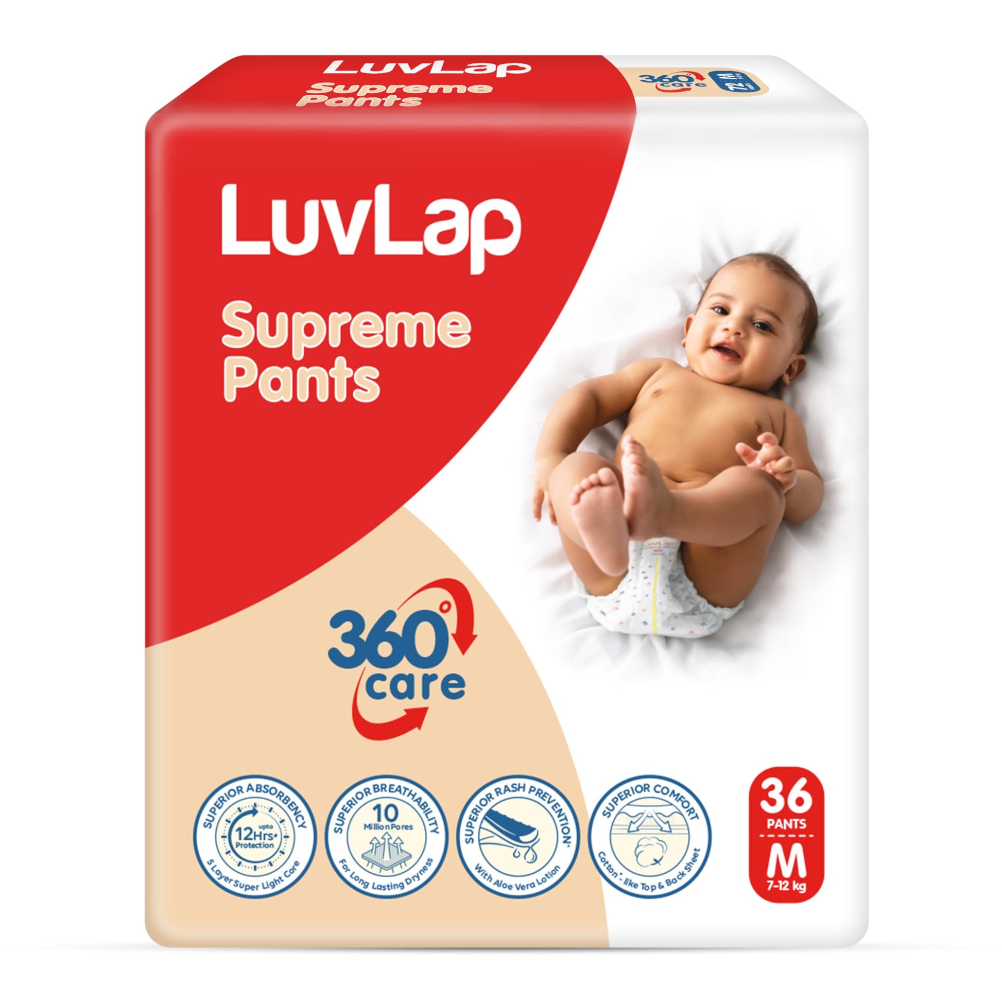 Luvlap Supreme Diaper Pants Medium (Md) 7 To 12Kg, 36 Pcs, 360 Skin Care With 10 Million Breathable Pores, Aloe Vera For Superio