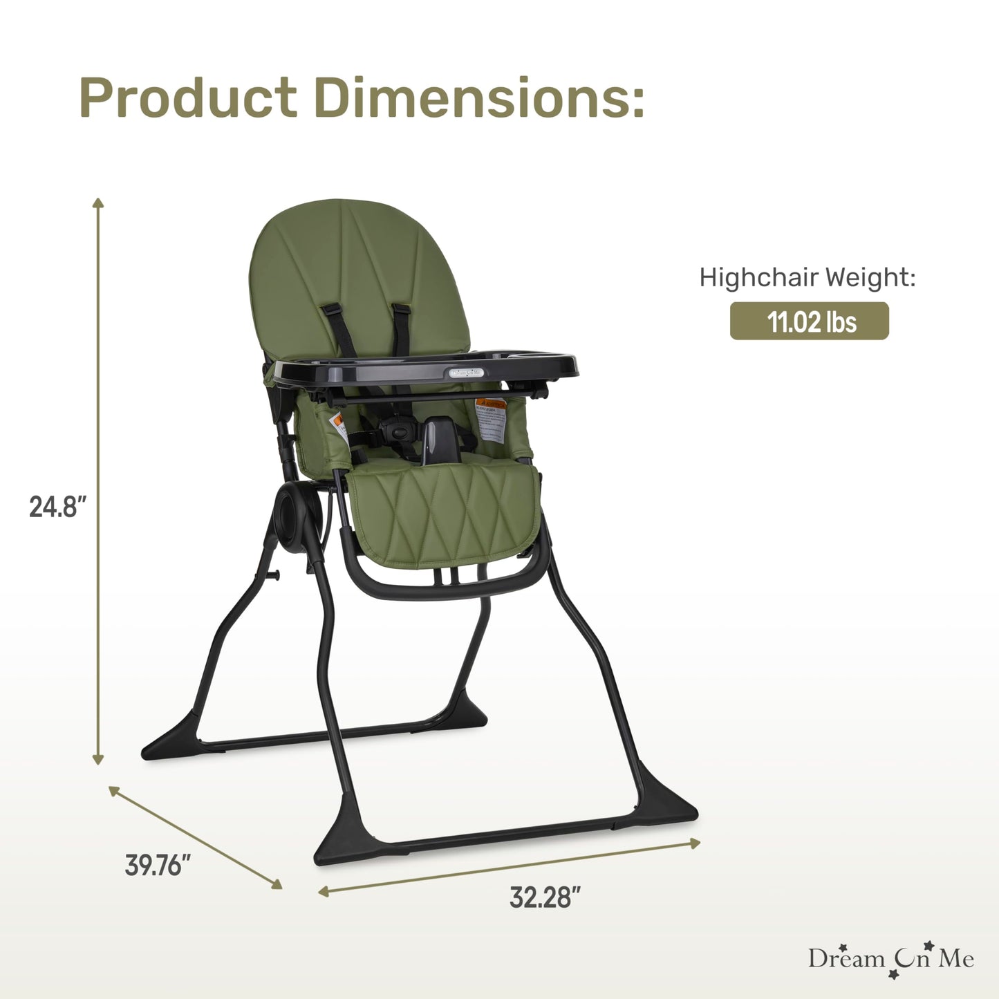 Dream On Me Snack and Stow Baby High Chair in Olive - Easy to Fold and Store, Portable Travel Chair With Removable and Three Pos