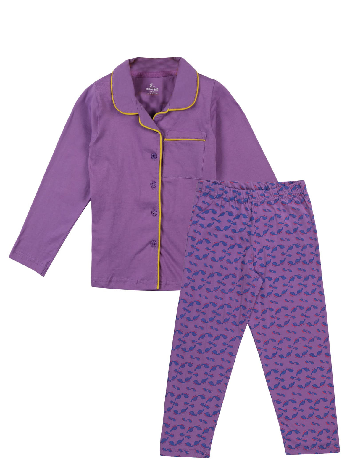 KiddoPanti Girls Front Open Shirt & AOP Pyjama Set, Purple, 34Y