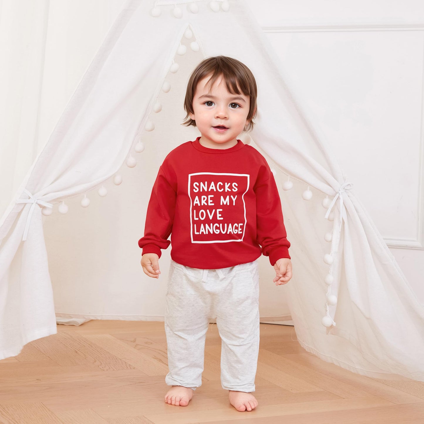 Baby Boy Fall Clothes Set Long Sleeve Letter Print Sweatshirt Pants Valentines Day Outfits 6 12 18 24 Months 2T (Snacks Red, 18-