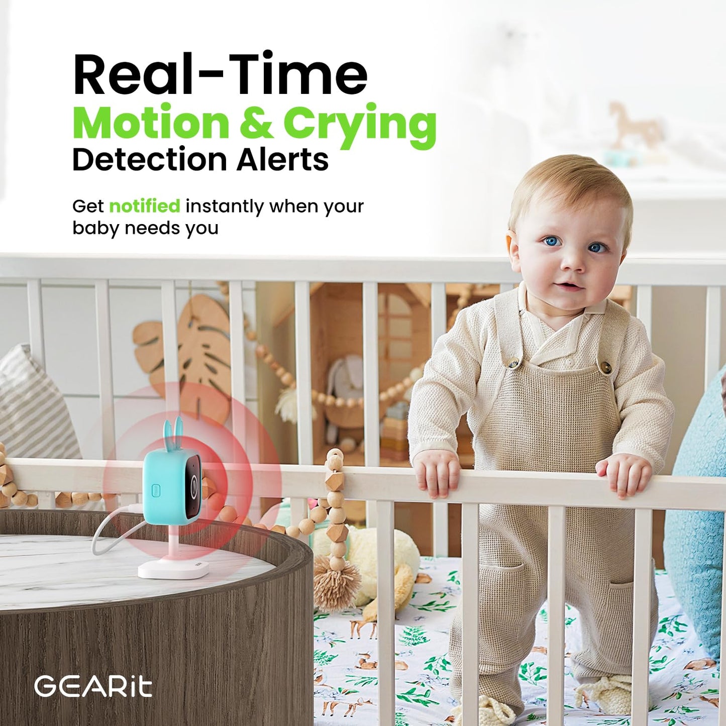 Gearit Baby Monitor With Camera & Audio 2K Video With Motion & Crying Detection, 2 Way Audio Easy Wifi Setup, Remote Monitoring