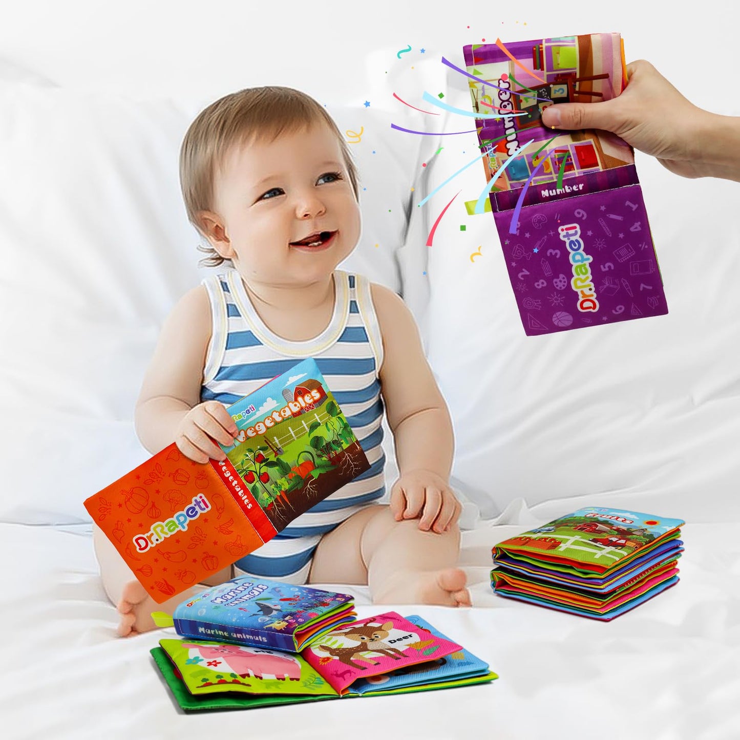 Dr.Rapeti Soft Cloth Books Baby Books Bath Books 6-Pack for Baby Infant Toddler Kids Crinkle Squeaky Washable Chewable Non-Toxic