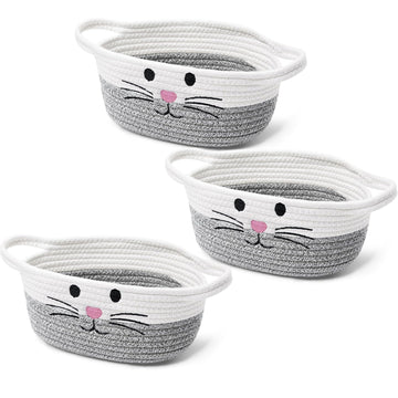 Boao 3 Pack Small Woven Baskets for Organizing with Handle Cute Cotton Baskets for Pet Toy Storage Woven Box Empty Gift Bin for 
