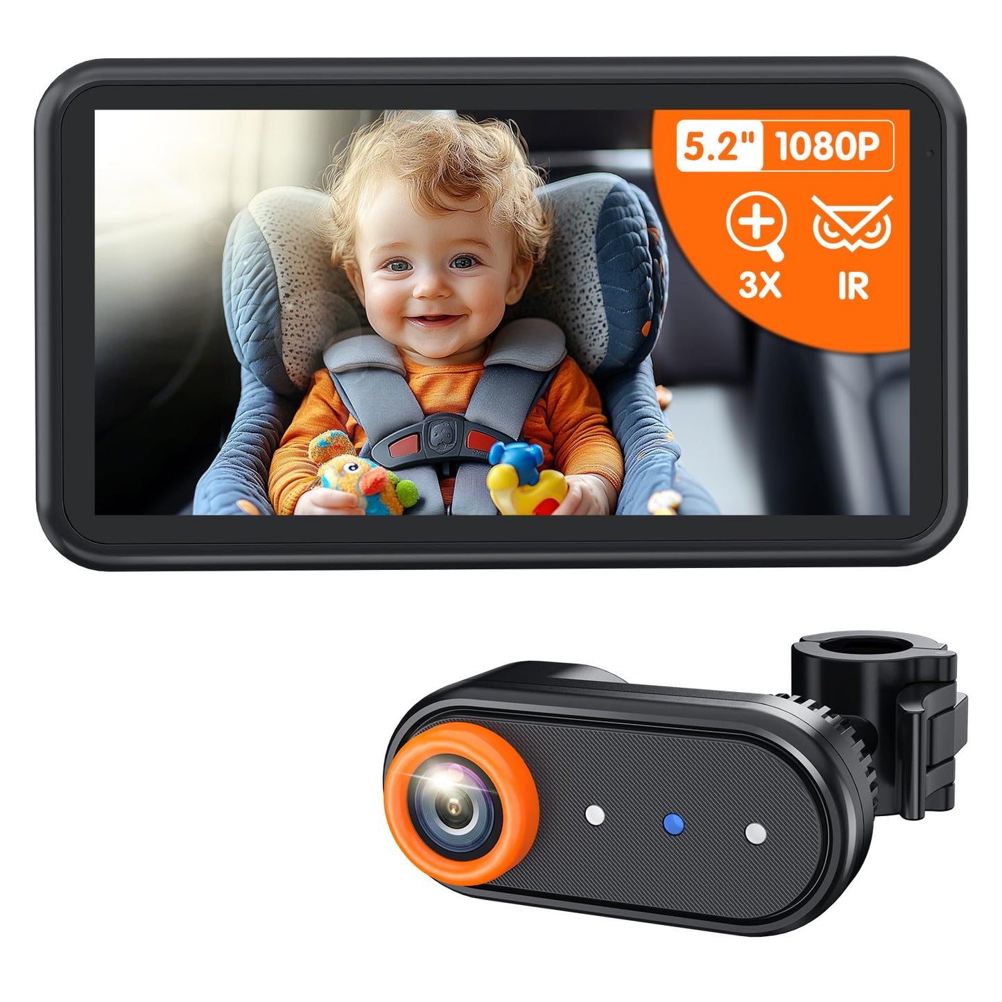 LUCKVIEW BM2A Baby Car Camera - 3X Zoom to See Baby Clearly, 5.2 1080P Display & Auto IR Night Vision, Rear-Facing View Monitor,
