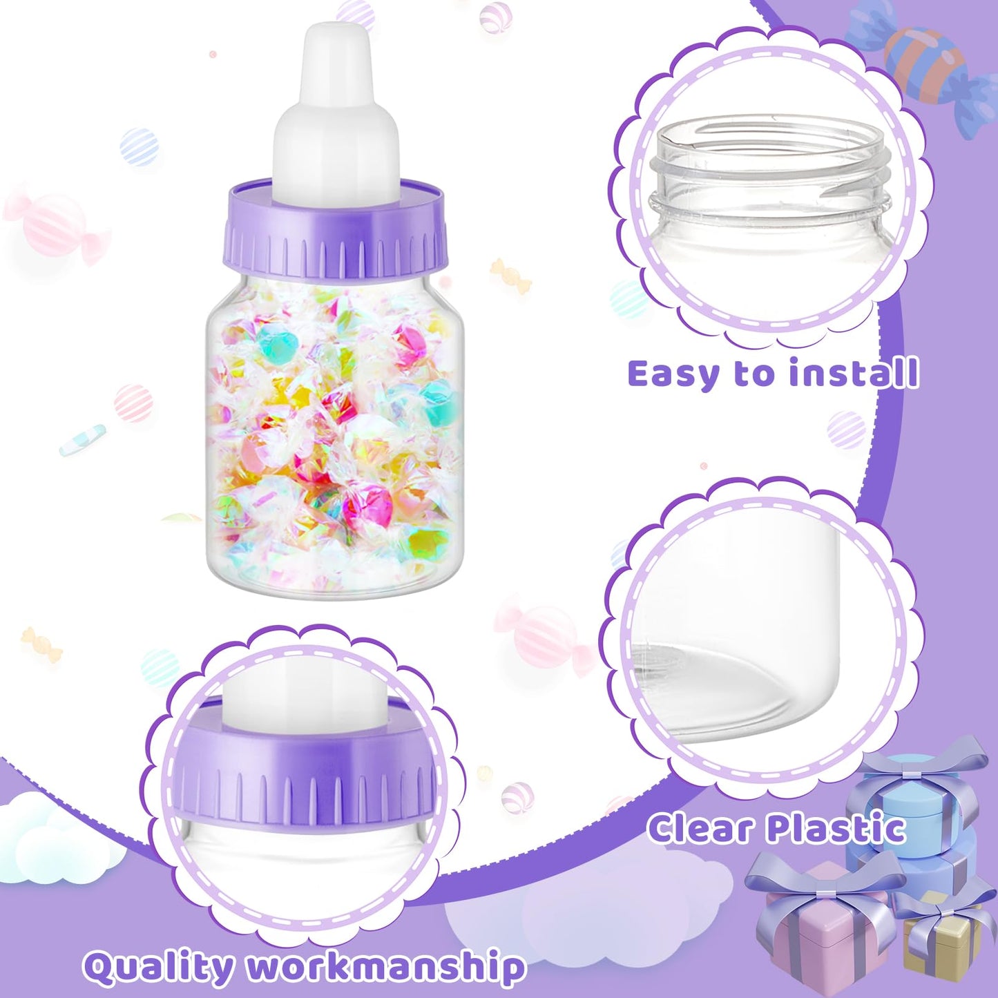 36 Pcs 3.5 Inch Mini Plastic Baby Bottle For Shower Favor - Clear Candy Box Feeding Bottle Decor Gift (Purple)