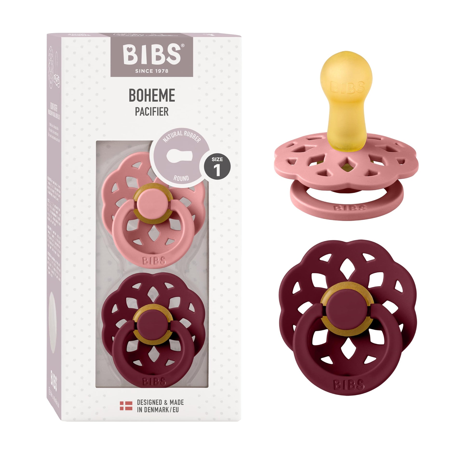 BIBS Pacifiers 0-6 Months | Boheme Collection 2-Pack | BPA-Free Round Nipple | Nautral Rubber Latex | Made in Denmark | Dusty Pi
