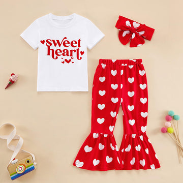 Ninobebe Toddler Girl Valentines Day Outfit Love Heart T-Shirt Bell Bottom Pants Headband 3Pcs Summer Clothes Set 2-3T