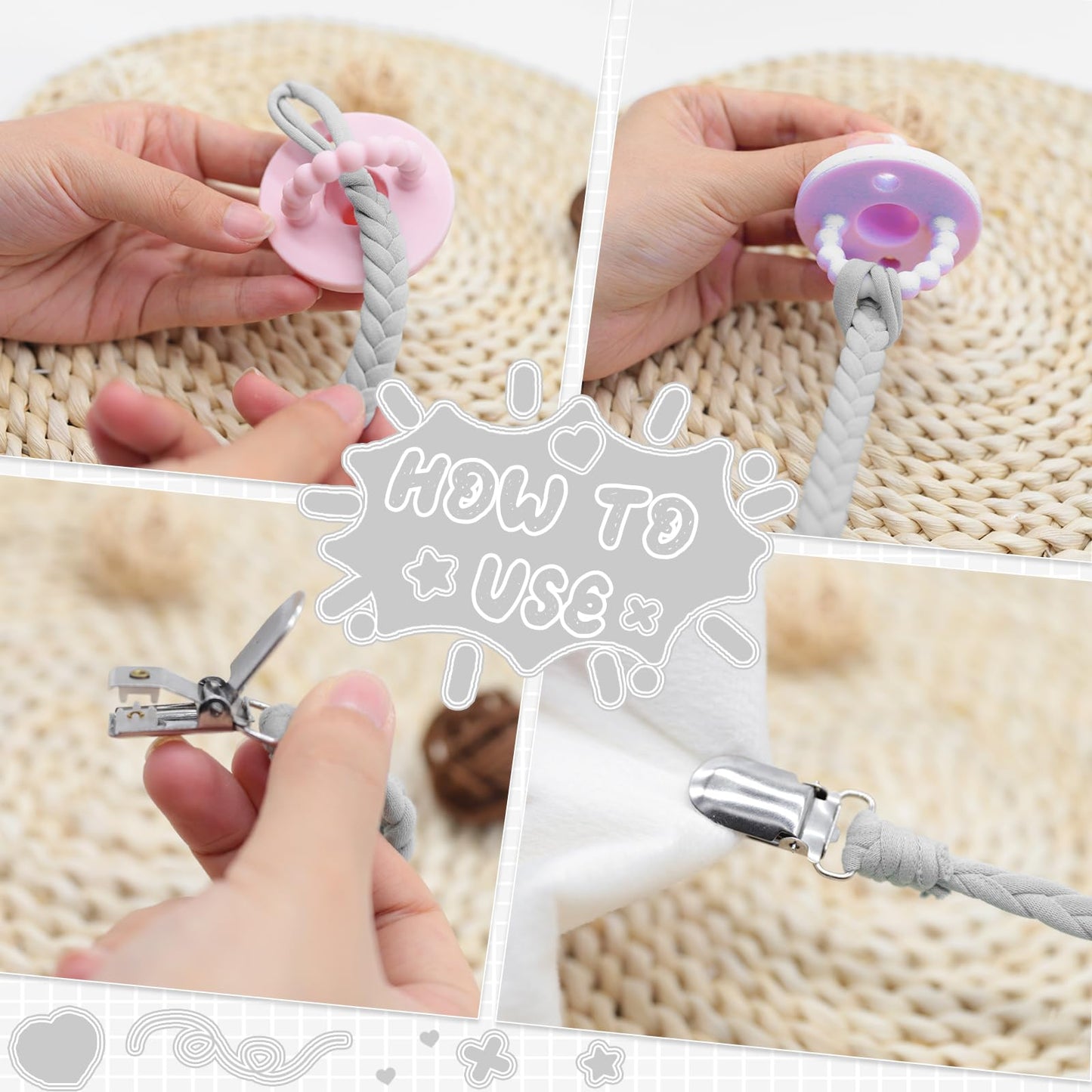 Duludulu 4 Pcs Pacifier Clip, Pacifier Clips For Boys & Baby Girls Pacifier Holder Clip Binky Clips Braided 100% Handmade Fits A