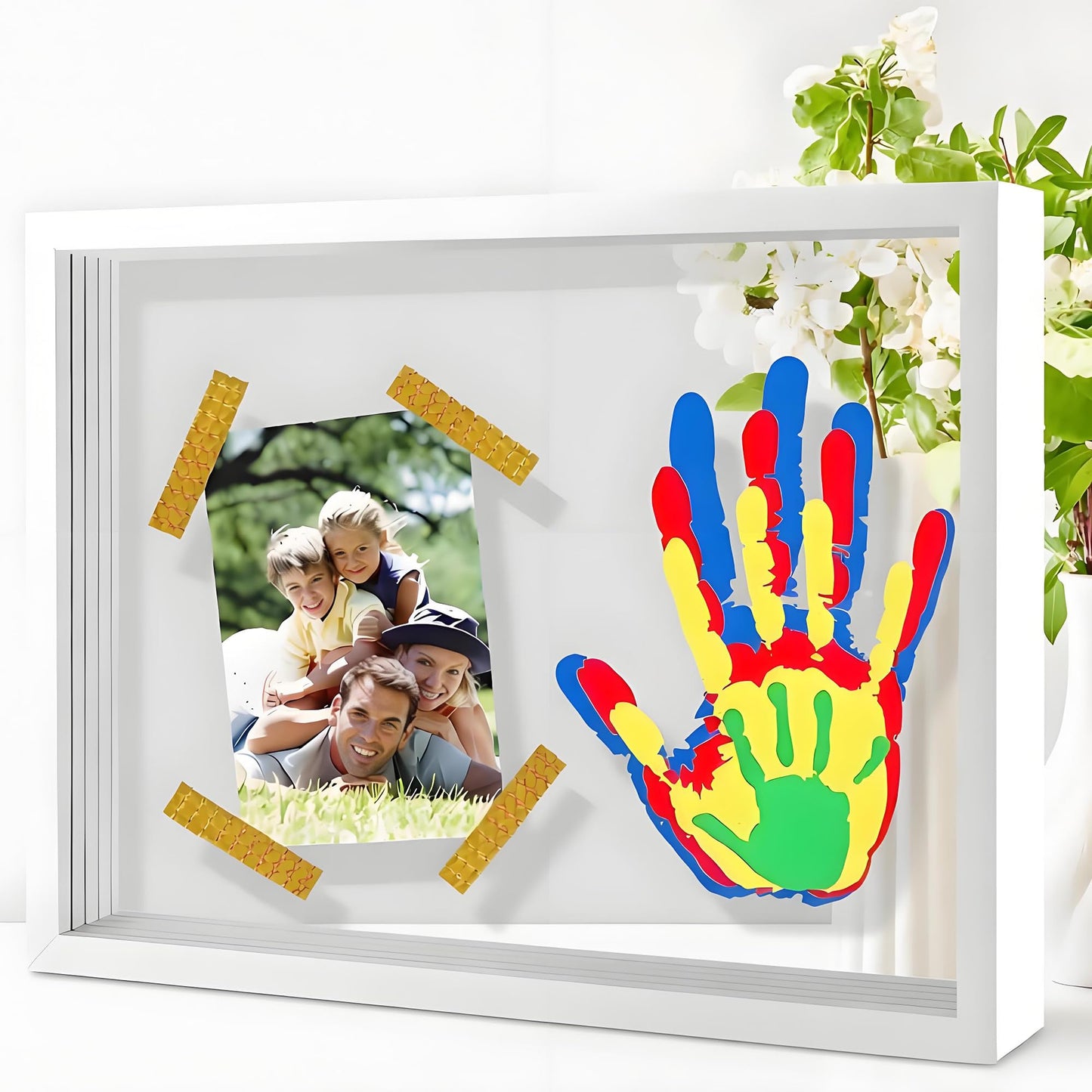 Hzorille Horizontal Family Handprint Kit, Landscape 3D Floating Keepsake Frame, Non-Toxic Paint, Baby Shower & New Parents Gift 