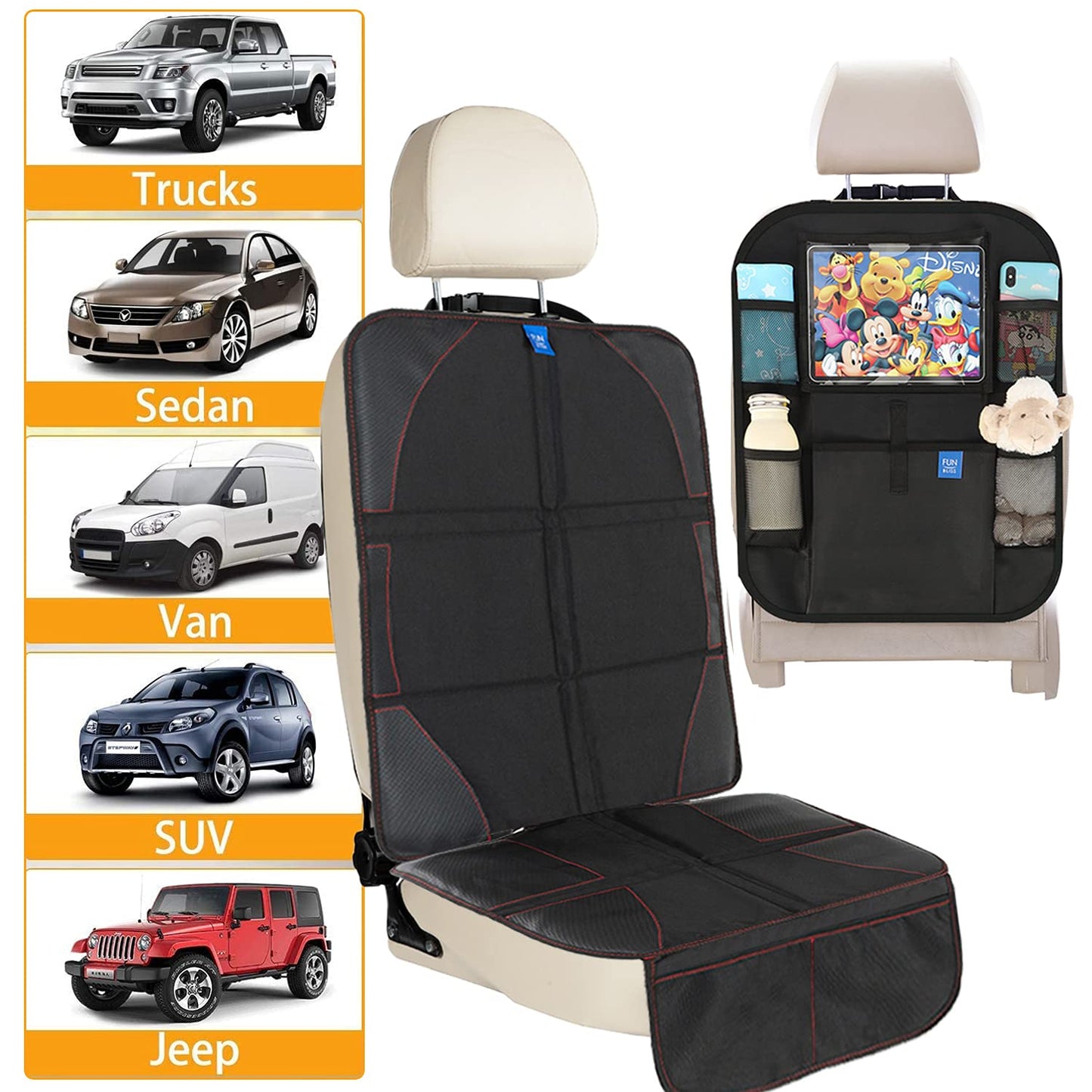 Funbliss Car Seat Protector + Kick Mats Car Backseat Organizer Black,Suitable For All Cars,Xl Largest Car Seat Cover For Child B