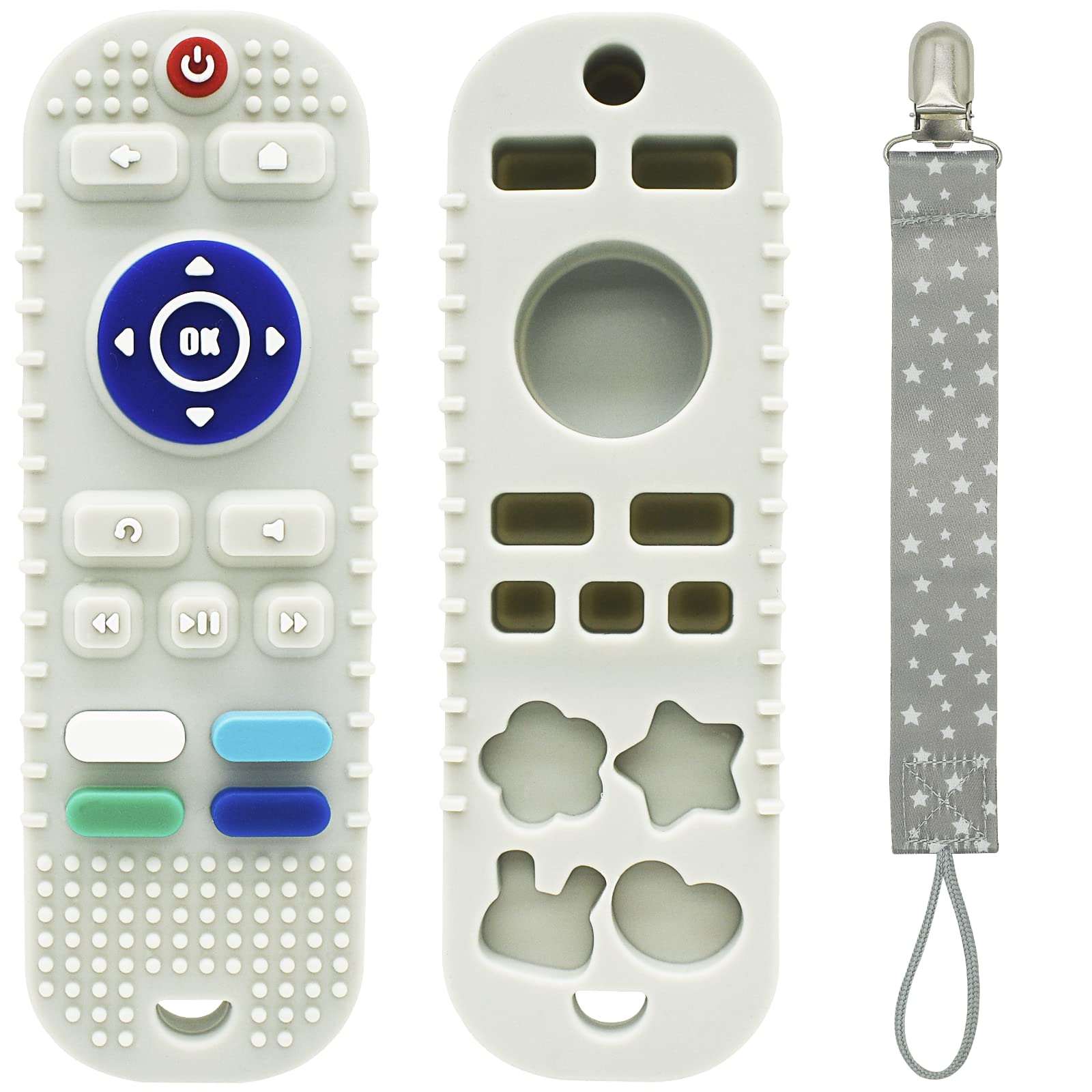 Remote Control Teether Toy for Babies 6 to 12 Months,Baby Teething Toys Tv Remote Shape with Pacifier Clip(White)