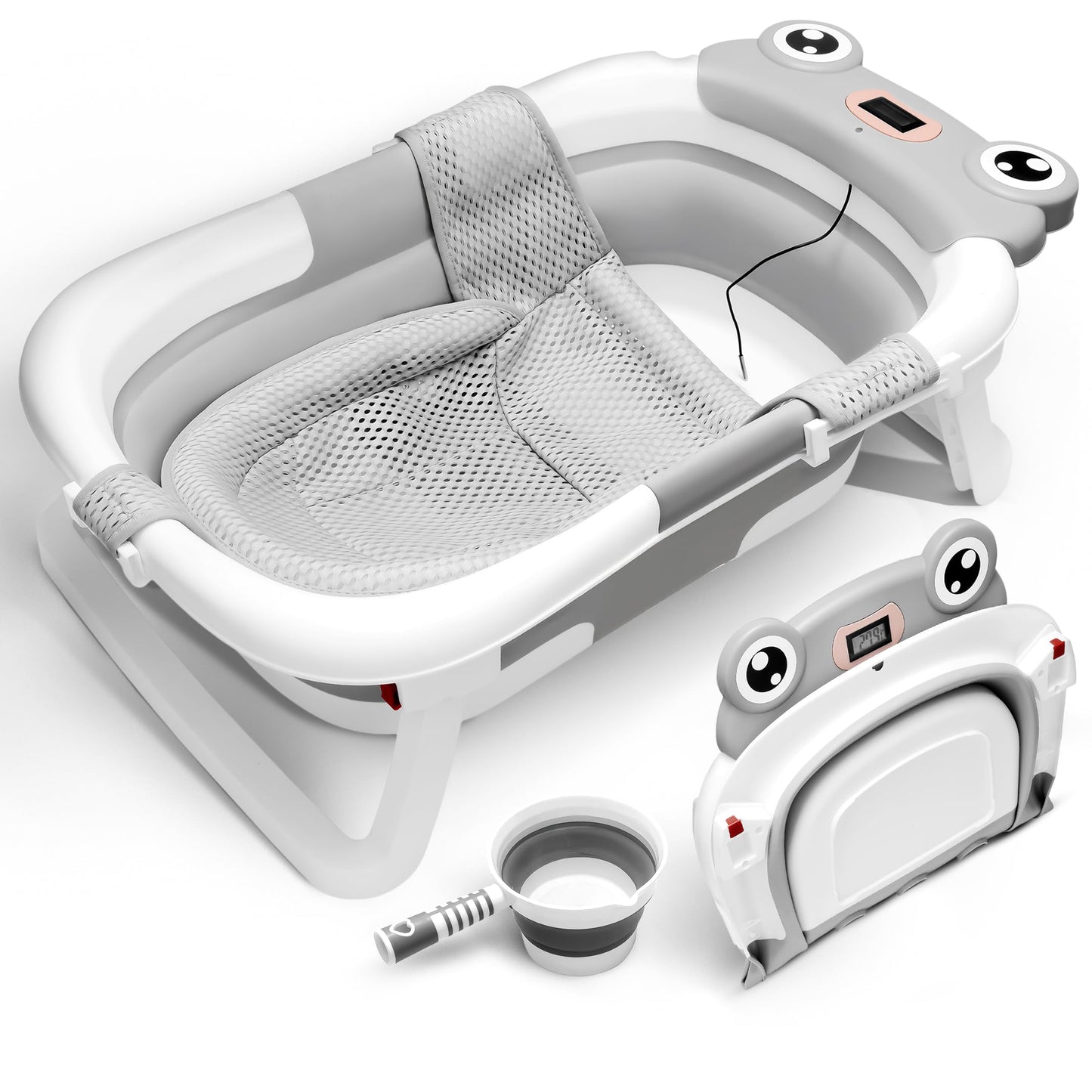 JTCosas Collapsible Baby Bathtub with Thermometer, Detachable Mesh Seat, Water Scooper, and Travel Bag - Portable and Foldable B