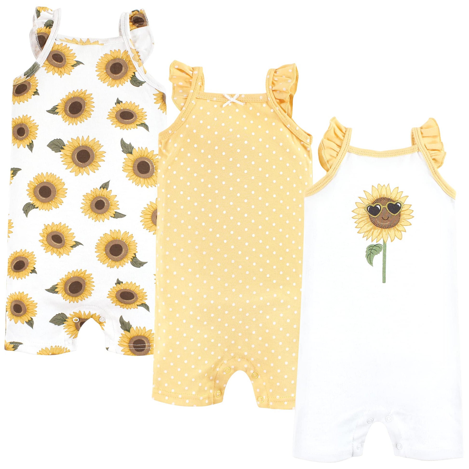 Hudson Baby Unisex Baby Cotton Rompers, Sunflower, 9-12 Months