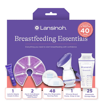 Lansinoh Breastfeeding Essentials Kit For New Moms With Nursing Pads, Breastmilk Storage Bags, Nipple Cream, Hot And Cold Breast