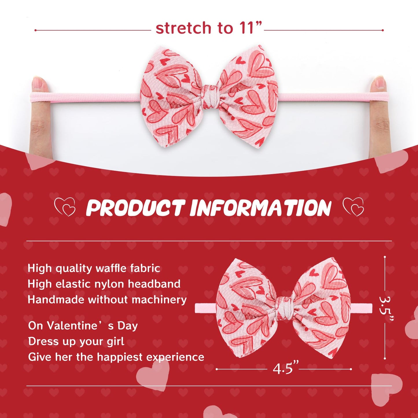 Yanjie Nylon Valentines Bows For Baby Girls Red Heart Bow Headband Newborn Toddler Infant Hot Pink Hair Bow Valentines Day Headb