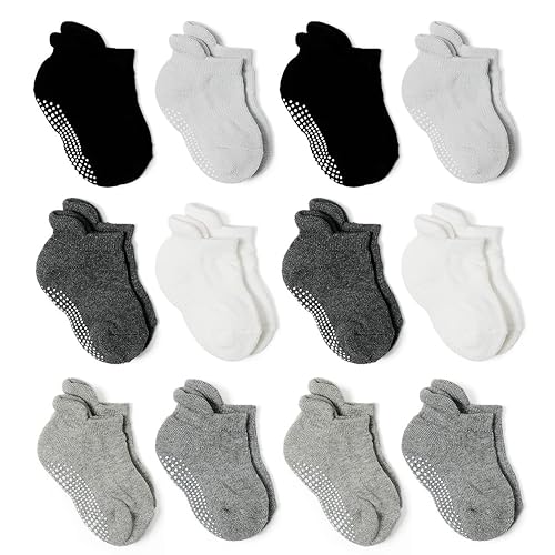 Epeius Baby Socks Toddler Non-Slip Socksthick Cotton Ankle Socks With Grips Kids Boys Girls Cozy Cushion Low Cut Socks 12 Pack,B