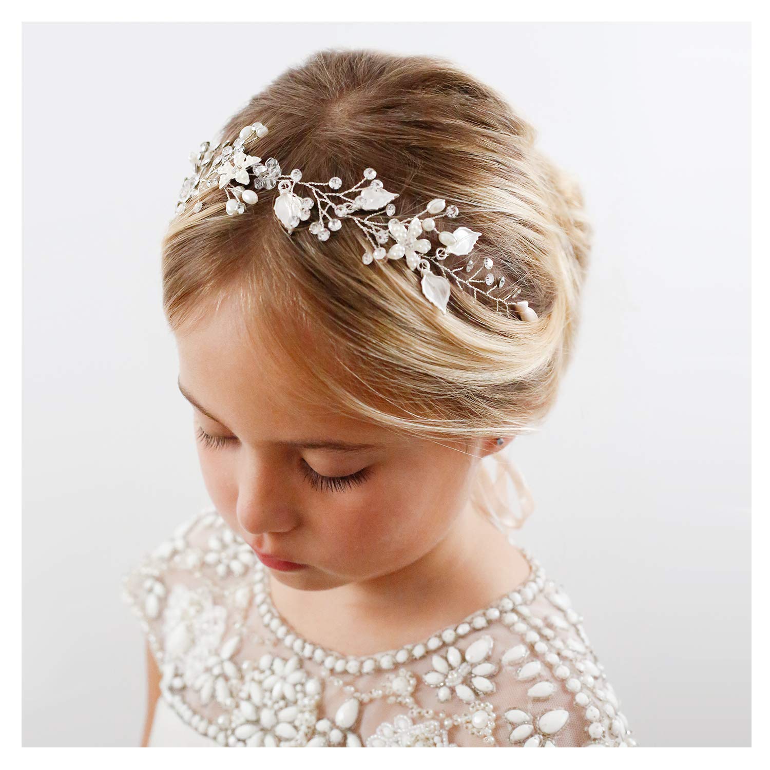 SWEETV Flower Girl Headpiece Silver Princess Wedding Headband -Baby Girls Flower Pearl Hair Accessories for Birthday Party, Phot