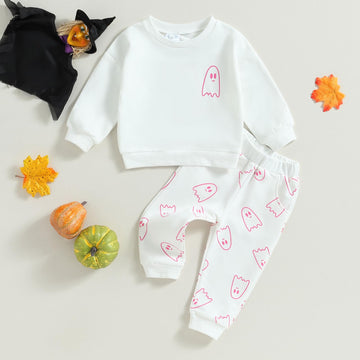 Toddler Baby Girl Boy Halloween Clothes Pumpkin Shirt Ghost Sweatshirt Pants Fall Outfit Baby Halloween Costumes (White Ghost, 1