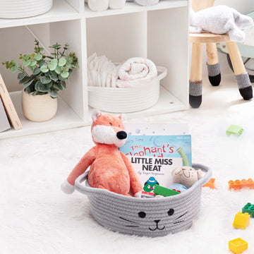 Hichen Small Woven Rope Storage Basket, Cute Cat Toy Basket For Living Room, Baby Basket For Nursery, Gift Basket Empty For Baby