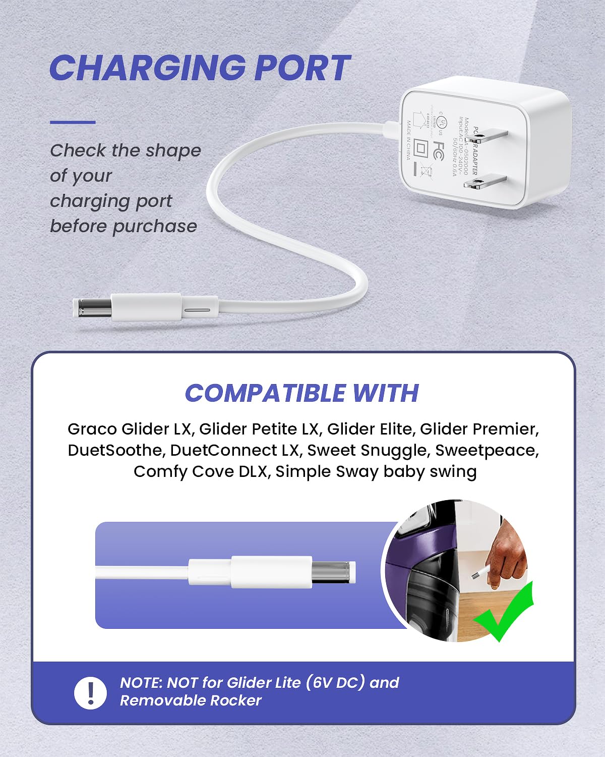Graco Swing Replacement Cord 4.9Ft, For Graco Duetsoothe/Duoglider/Glider Lx/Graco Simple Sway Swing/Simple Sway Lx, Adapter 5V