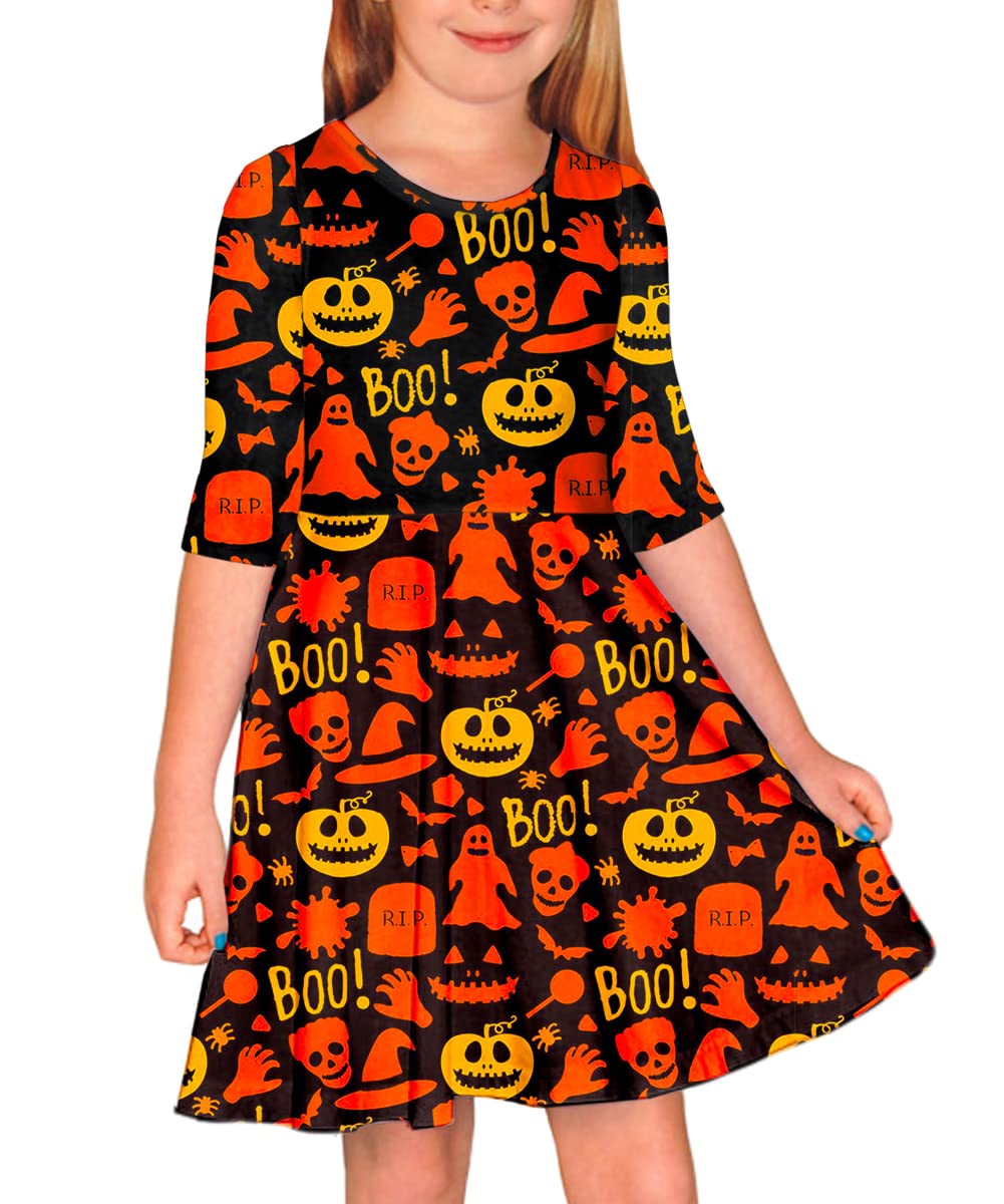 Girls Halloween Ghost Dresses Toddlers 3/4 Sleeve Cute Pumpkin Party Skater Dress 3-4 Years