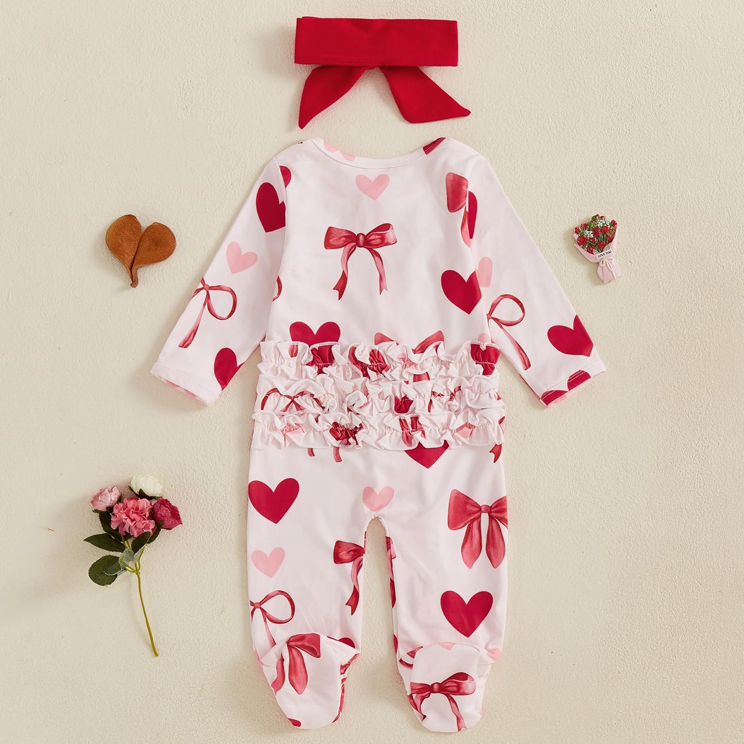 Ayalinggo Valentines Baby Girl Outfit Bowknot Heart Footie Romper Long Sleeve Onesie Newborn Valentines Day Clothes (Valentines