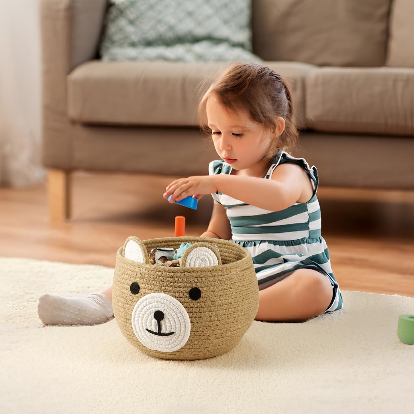 Pandaear Cotton Rope Baby Basket, Baby Gift Basket Nursery Laundry Organizer With Cute Bear Design For Storage Infant Newborn Es