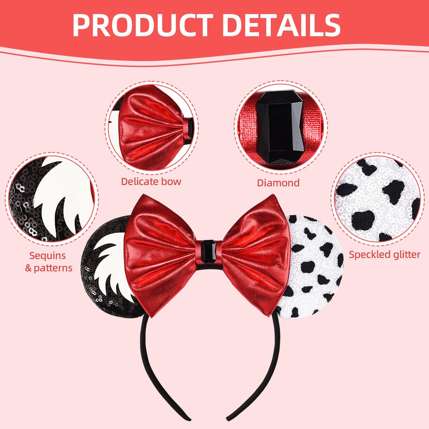 Seamoy Sequin Minnie Ears, Cruella Mouse Ears Headband, Black & White Cruella Devil Costume Hair Accessory For Women & Girls