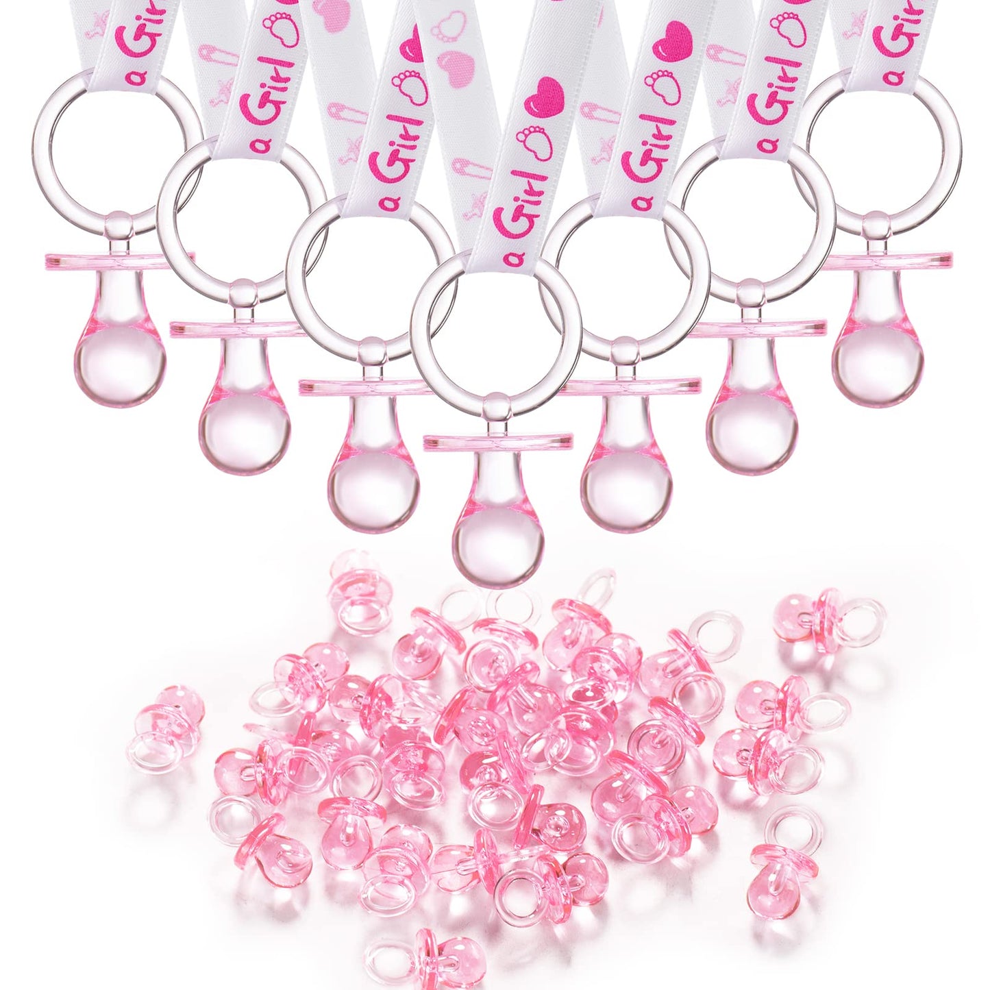 24 Baby Shower Pacifiers Necklace For Girl, 30 Mini Acrylic Pacifiers Charm Party Favors Decorations (Pink)